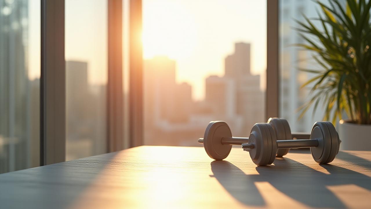 Home gym with dumbbells and sunlight